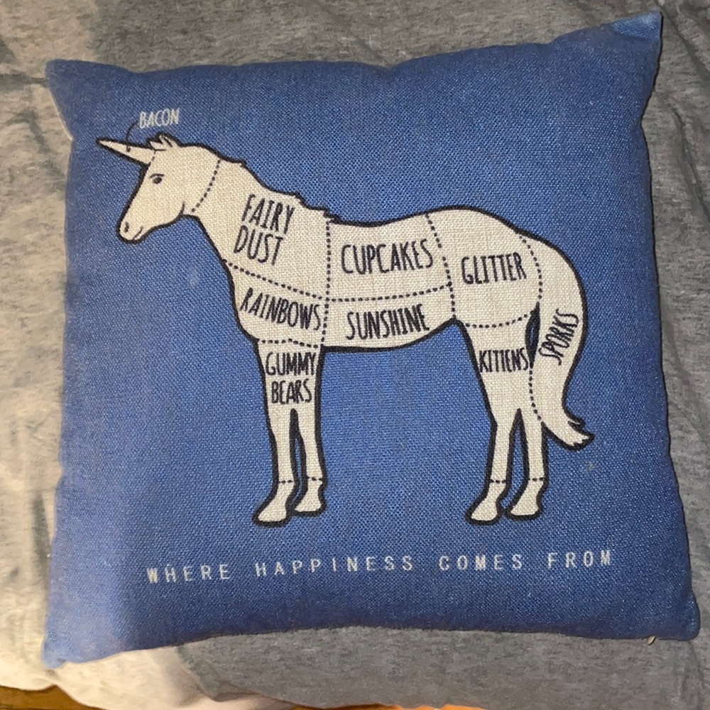 Unicorn Blue and Off white Throw Pillow “Where Happiness Comes From”